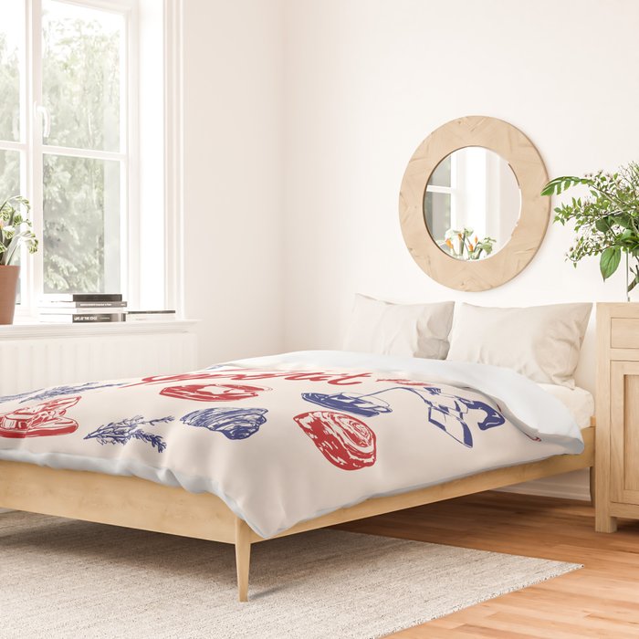 Bon Appetit Seafood and French Bread Handdrawn Gourmet Food Illustration Duvet Cover Gallery Image 2