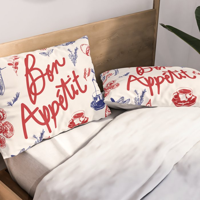 Bon Appetit Seafood and French Bread Handdrawn Gourmet Food Illustration Pillow Sham Gallery Image 2