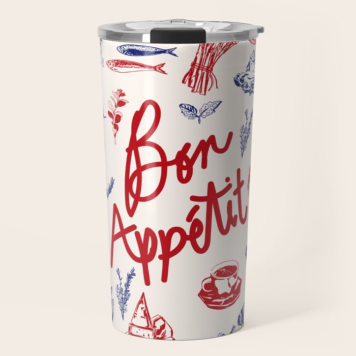 Bon Appetit Seafood and French Bread Handdrawn Gourmet Food Illustration Travel Mug Gallery Image 1