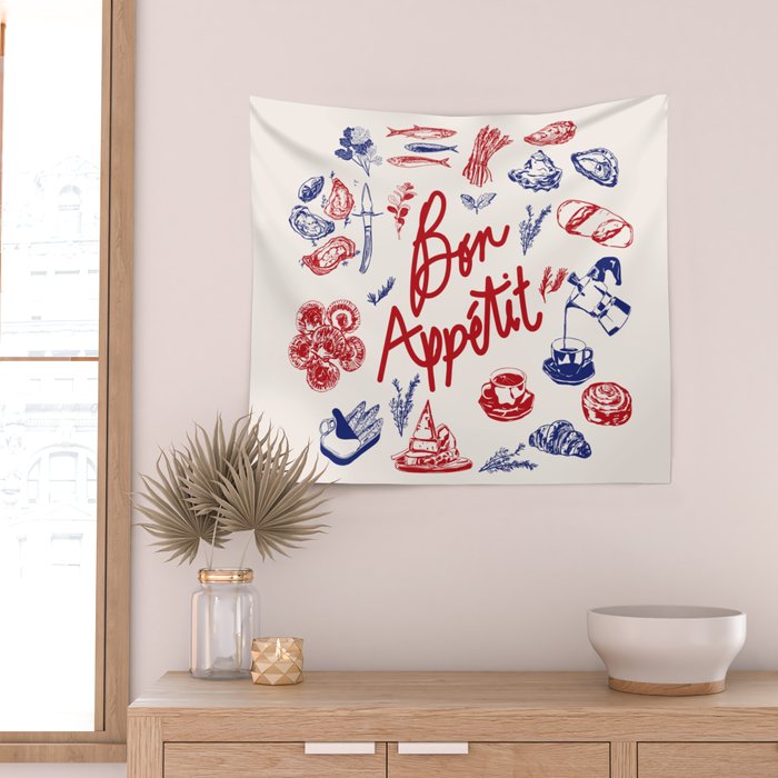 Bon Appetit Seafood and French Bread Handdrawn Gourmet Food Illustration Wall Tapestry Gallery Image 2