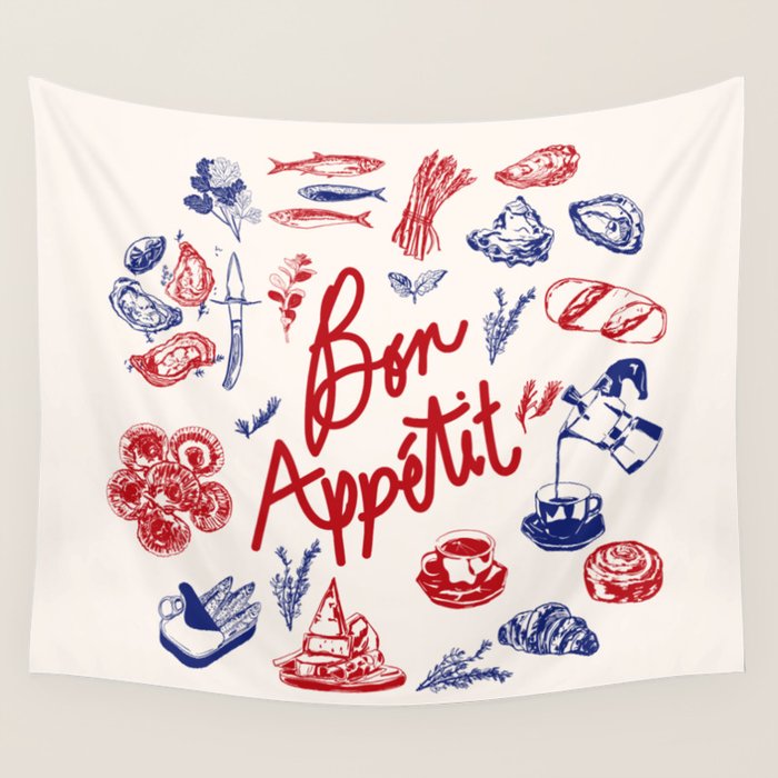 Bon Appetit Seafood and French Bread Handdrawn Gourmet Food Illustration Wall Tapestry Gallery Image 1