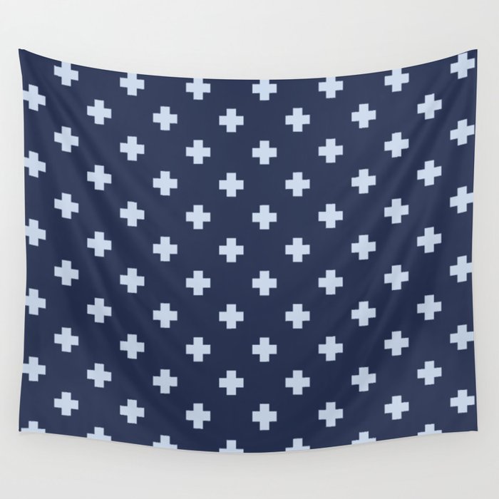 Pale Blue Swiss Cross Pattern on Navy Blue background Wall Tapestry Gallery Image 1