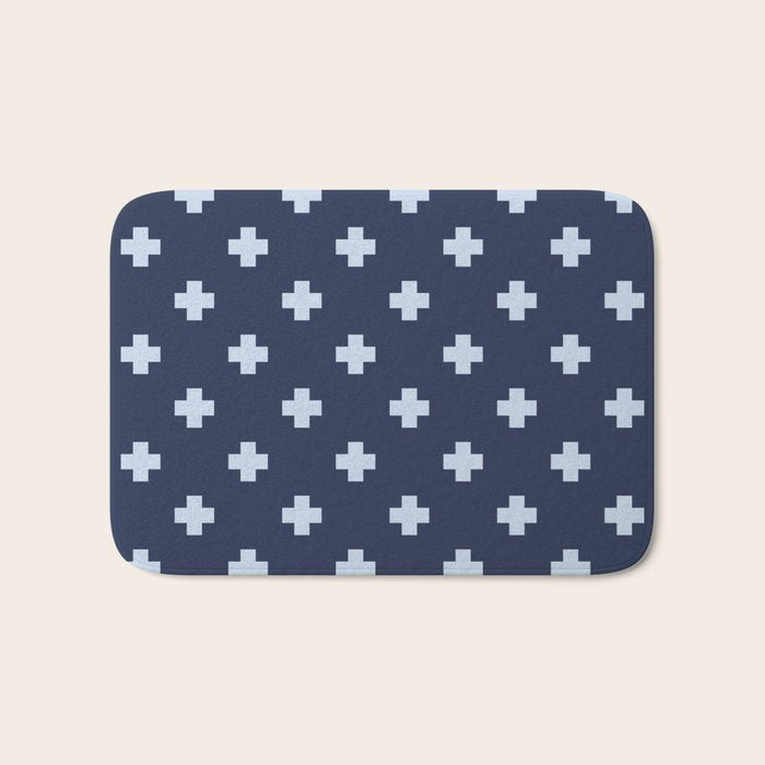 Pale Blue Swiss Cross Pattern on Navy Blue background Bath Mat Gallery Image 1