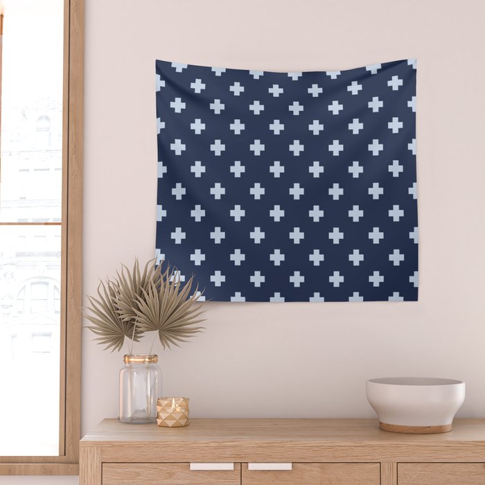 Pale Blue Swiss Cross Pattern on Navy Blue background Wall Tapestry Gallery Image 2
