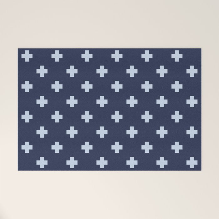 Pale Blue Swiss Cross Pattern on Navy Blue background Welcome Mat Gallery Image 1