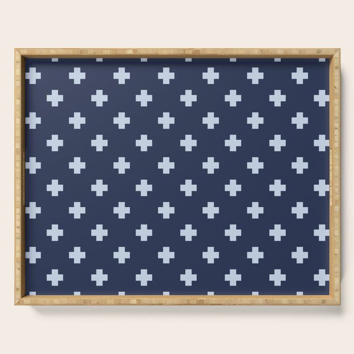 Pale Blue Swiss Cross Pattern on Navy Blue background Serving Tray Gallery Image 1