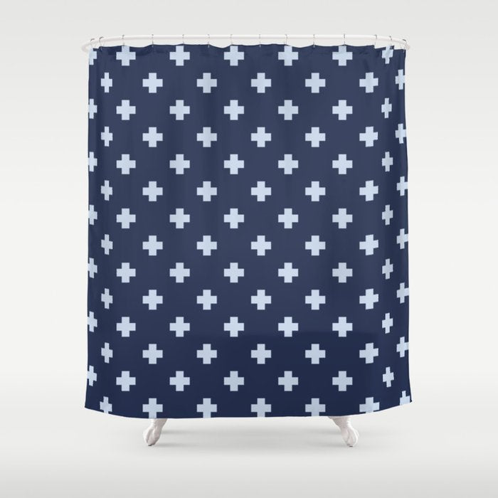 Pale Blue Swiss Cross Pattern on Navy Blue background Shower Curtain Gallery Image 1