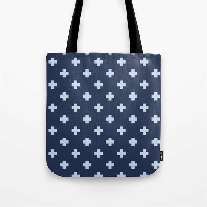 Pale Blue Swiss Cross Pattern on Navy Blue background Tote Bag Gallery Image 1