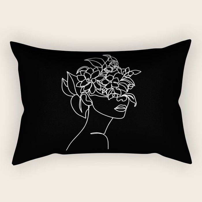 The Girl with the Flowers: Black & White Edition Rectangular Pillow Gallery Image 1
