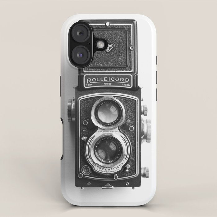 A vintage Rolleicord camera in black and white in a white background, retro photography iPhone Case Gallery Image 1