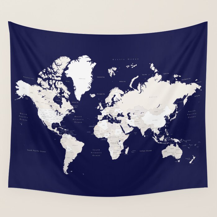 Navy blue and cream world map, "Austin" Wall Tapestry Gallery Image 4