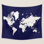 Navy blue and cream world map, "Austin" Wall Tapestry Gallery Image 4