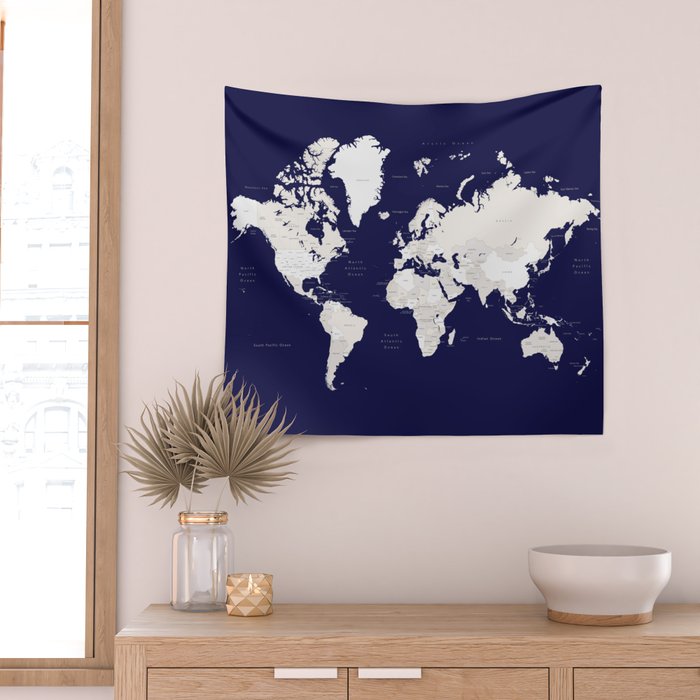 Navy blue and cream world map, "Austin" Wall Tapestry Gallery Image 2