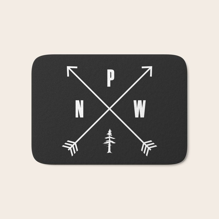 PNW Pacific Northwest Compass - White on Black Minimal Bath Mat Gallery Image 1