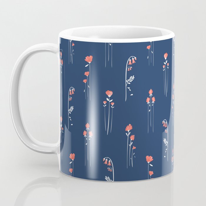 Retro Dark Flower Pattern in Modern Navy and Coral Coffee Mug Gallery Image 3