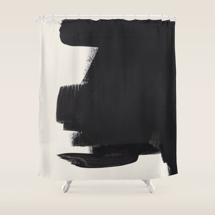 Mid Century Modern Minimalist Abstract Art Brush Strokes Black & White Ink Art Colorfield Shower Curtain Gallery Image 1