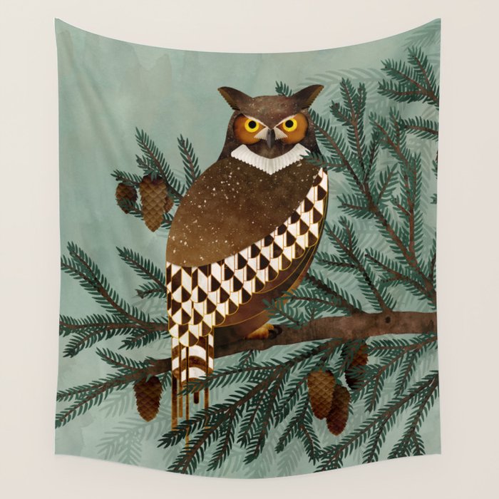 Horned Owl in the Pines Wall Tapestry Gallery Image 4