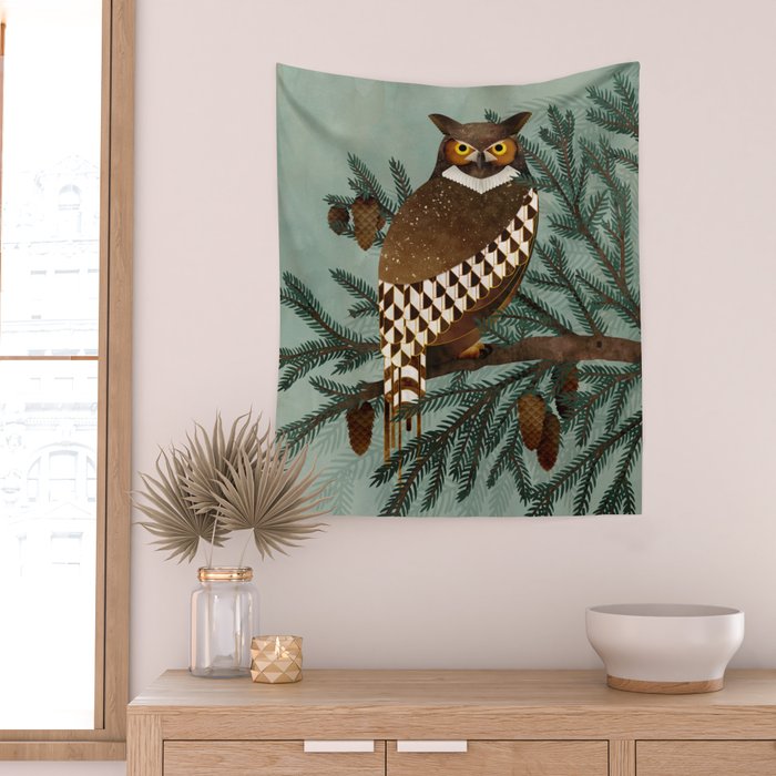 Horned Owl in the Pines Wall Tapestry Gallery Image 2