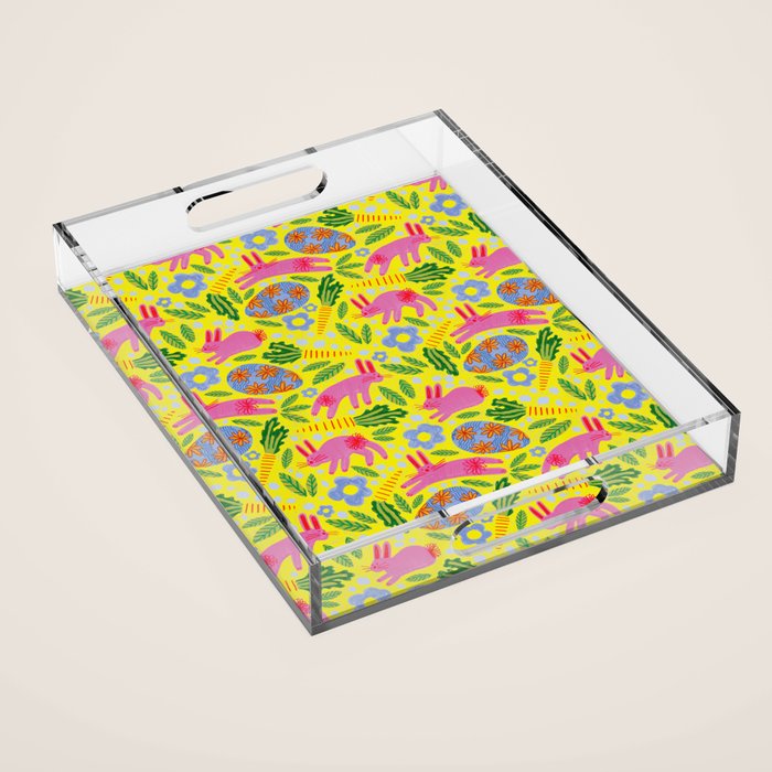 Cute Colorful Rabbits & Decorative Eggs in Yellow & Pink Acrylic Tray Gallery Image 1