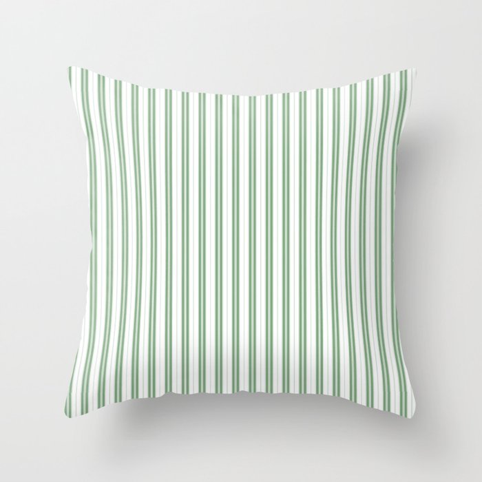 Fern Green and White Narrow Vertical Vintage Provincial French Chateau Ticking Stripe Throw Pillow Gallery Image 1
