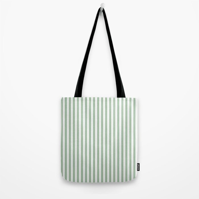 Fern Green and White Narrow Vertical Vintage Provincial French Chateau Ticking Stripe Tote Bag Gallery Image 2