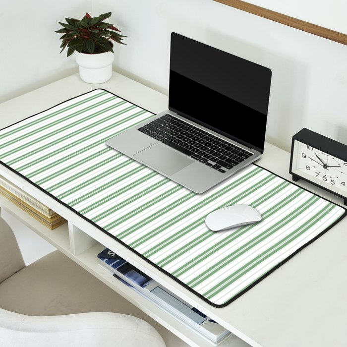 Fern Green and White Narrow Vertical Vintage Provincial French Chateau Ticking Stripe Desk Mat Gallery Image 2