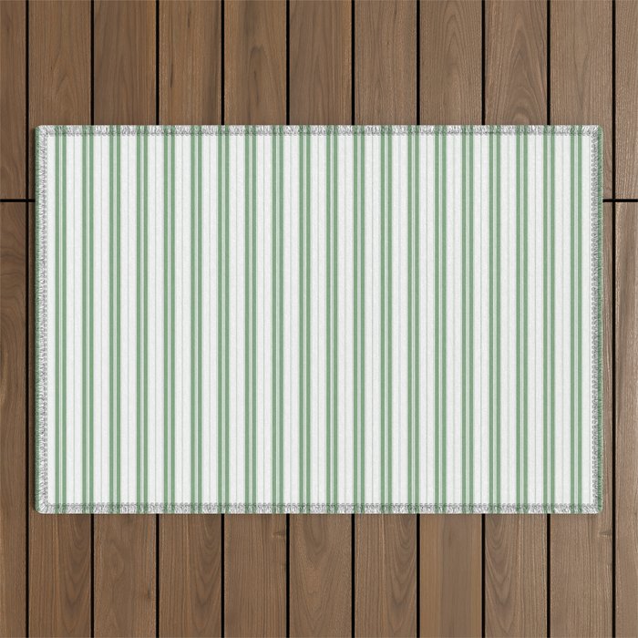 Fern Green and White Narrow Vertical Vintage Provincial French Chateau Ticking Stripe Outdoor Rug Gallery Image 1
