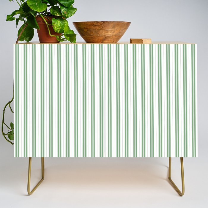Fern Green and White Narrow Vertical Vintage Provincial French Chateau Ticking Stripe Credenza Gallery Image 1