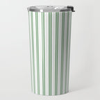Fern Green and White Narrow Vertical Vintage Provincial French Chateau Ticking Stripe Travel Mug Gallery Image 2