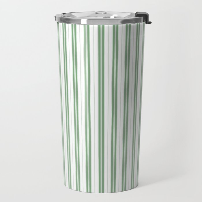 Fern Green and White Narrow Vertical Vintage Provincial French Chateau Ticking Stripe Travel Mug Gallery Image 2