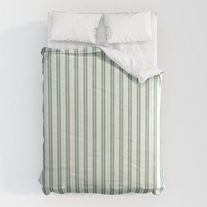 Fern Green and White Narrow Vertical Vintage Provincial French Chateau Ticking Stripe Comforter Gallery Image 1
