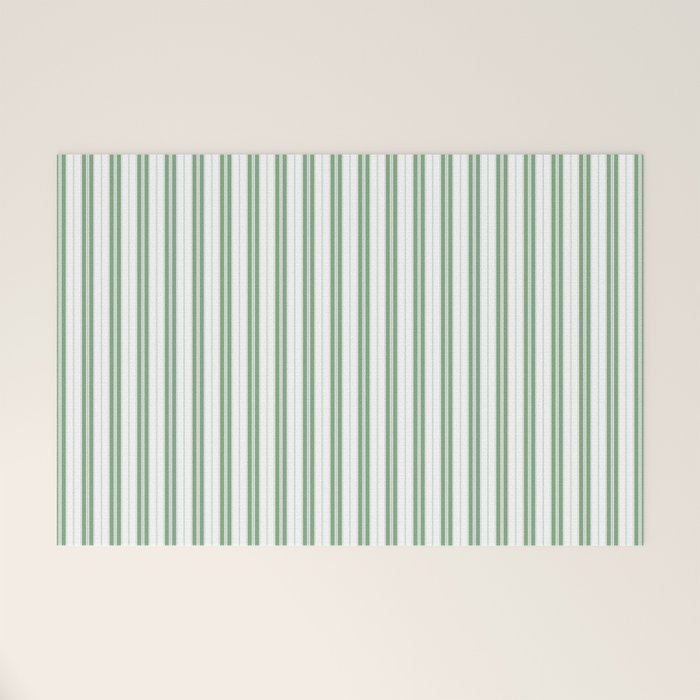 Fern Green and White Narrow Vertical Vintage Provincial French Chateau Ticking Stripe Welcome Mat Gallery Image 1