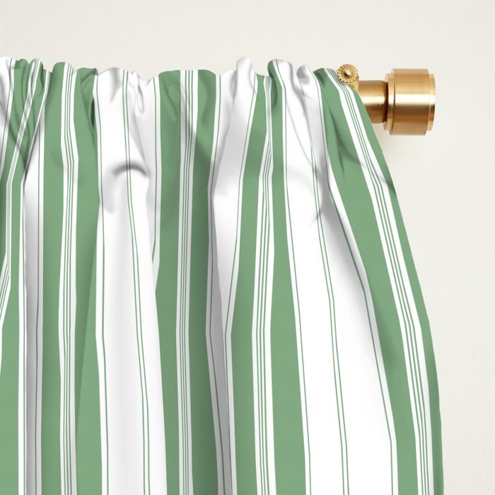 Fern Green and White Narrow Vertical Vintage Provincial French Chateau Ticking Stripe Window Curtain Gallery Image 2