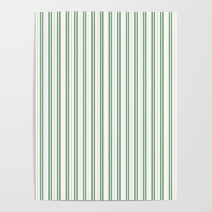 Fern Green and White Narrow Vertical Vintage Provincial French Chateau Ticking Stripe Poster Gallery Image 1
