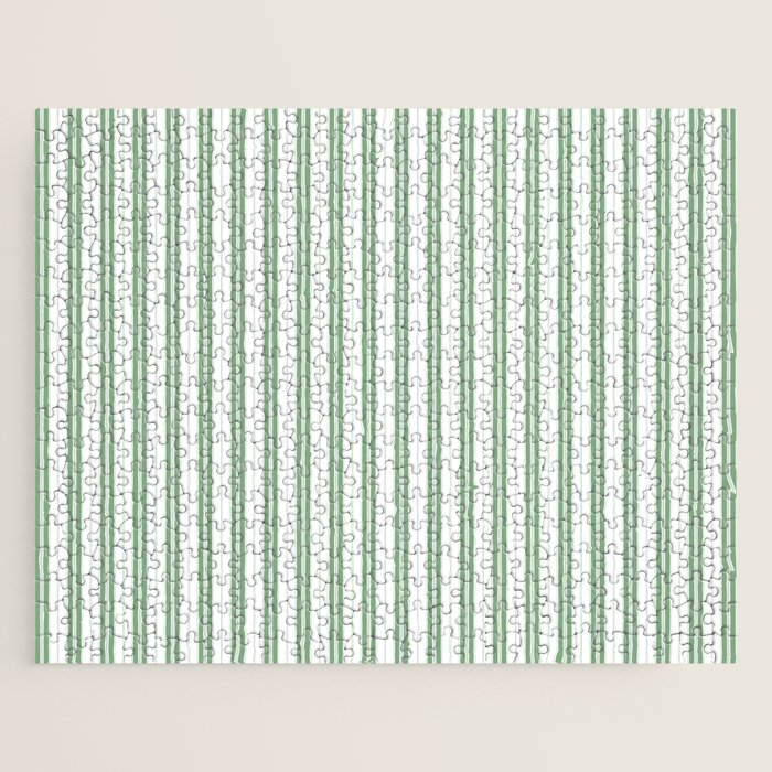 Fern Green and White Narrow Vertical Vintage Provincial French Chateau Ticking Stripe Jigsaw Puzzle Gallery Image 1