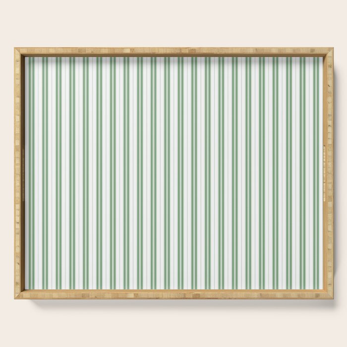 Fern Green and White Narrow Vertical Vintage Provincial French Chateau Ticking Stripe Serving Tray Gallery Image 1