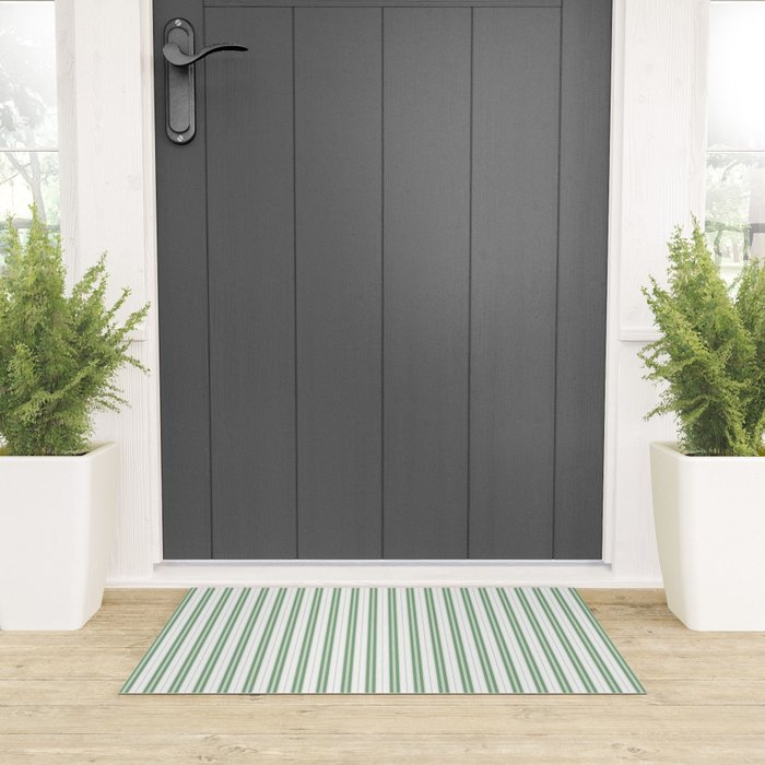 Fern Green and White Narrow Vertical Vintage Provincial French Chateau Ticking Stripe Welcome Mat Gallery Image 3
