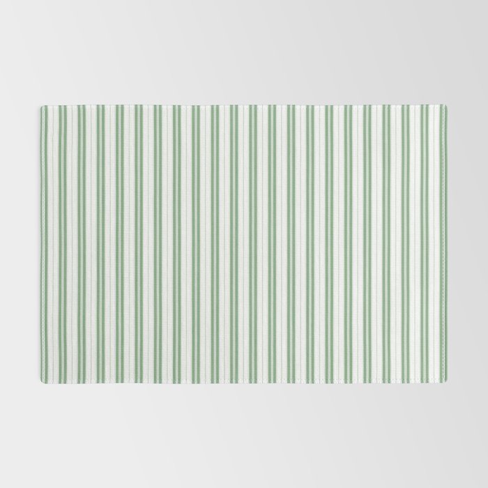 Fern Green and White Narrow Vertical Vintage Provincial French Chateau Ticking Stripe Rug Gallery Image 2