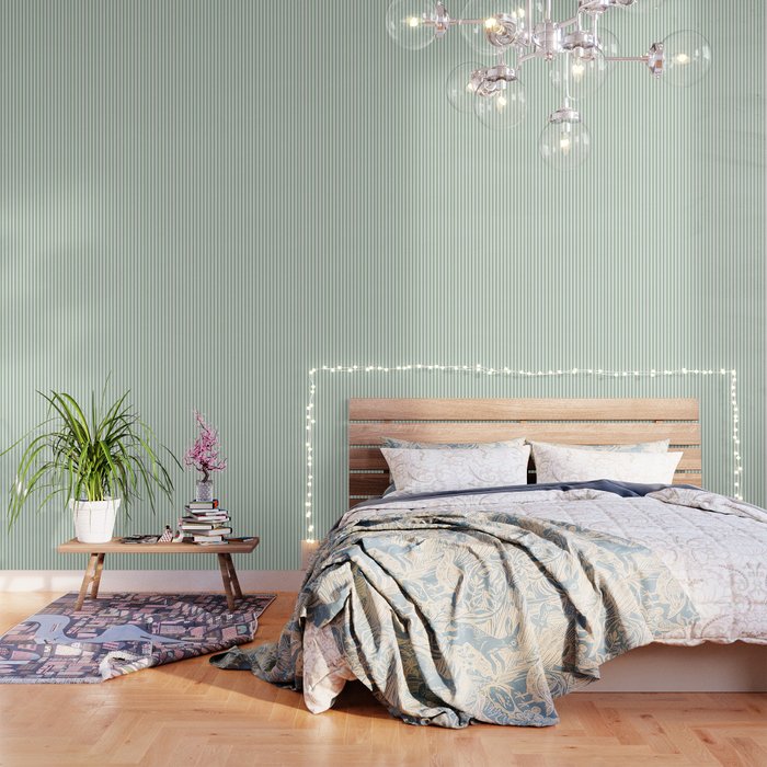 Fern Green and White Narrow Vertical Vintage Provincial French Chateau Ticking Stripe Wallpaper Gallery Image 3