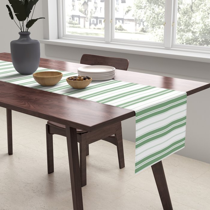 Fern Green and White Narrow Vertical Vintage Provincial French Chateau Ticking Stripe Table Runner Gallery Image 2