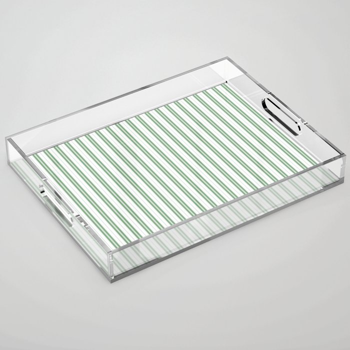 Fern Green and White Narrow Vertical Vintage Provincial French Chateau Ticking Stripe Acrylic Tray Gallery Image 1