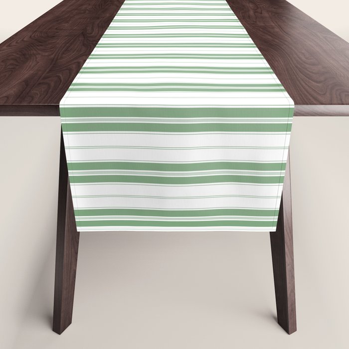 Fern Green and White Narrow Vertical Vintage Provincial French Chateau Ticking Stripe Table Runner Gallery Image 1