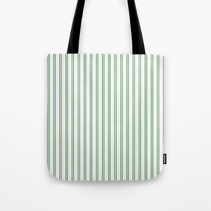 Fern Green and White Narrow Vertical Vintage Provincial French Chateau Ticking Stripe Tote Bag Gallery Image 1
