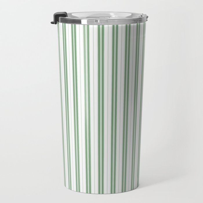 Fern Green and White Narrow Vertical Vintage Provincial French Chateau Ticking Stripe Travel Mug Gallery Image 3