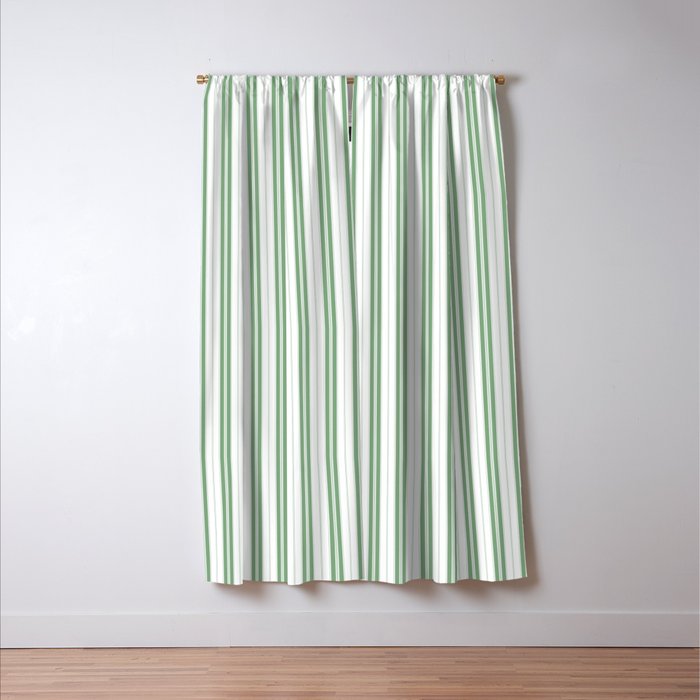Fern Green and White Narrow Vertical Vintage Provincial French Chateau Ticking Stripe Window Curtain Gallery Image 3