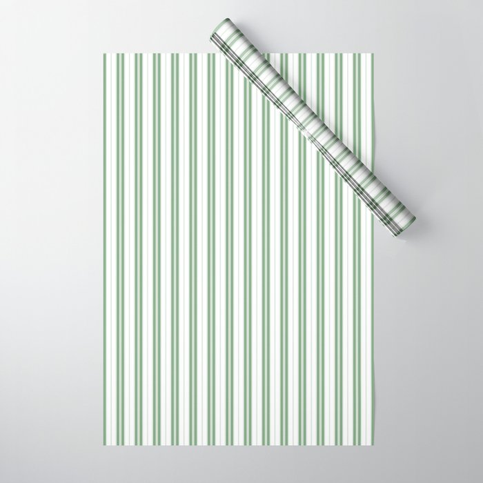 Fern Green and White Narrow Vertical Vintage Provincial French Chateau Ticking Stripe Wrapping Paper Gallery Image 1