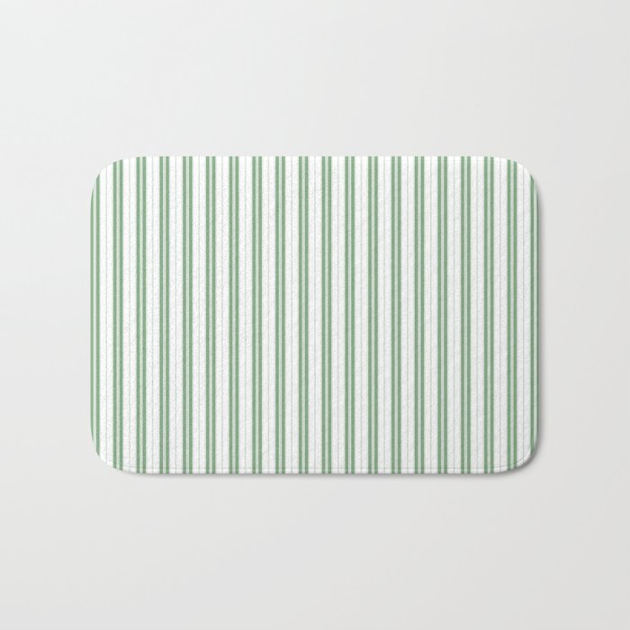Fern Green and White Narrow Vertical Vintage Provincial French Chateau Ticking Stripe Bath Mat Gallery Image 1