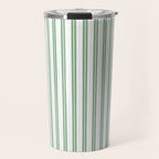 Fern Green and White Narrow Vertical Vintage Provincial French Chateau Ticking Stripe Travel Mug Gallery Image 1
