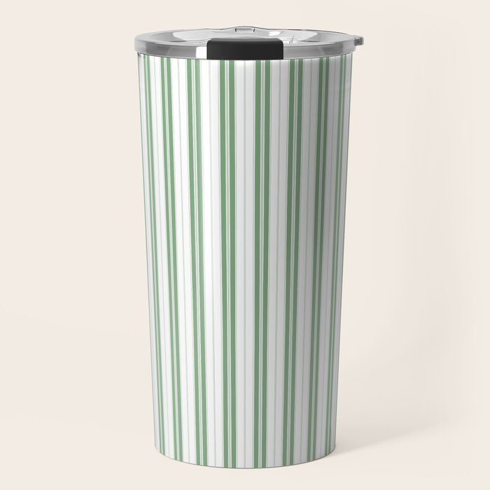 Fern Green and White Narrow Vertical Vintage Provincial French Chateau Ticking Stripe Travel Mug Gallery Image 1