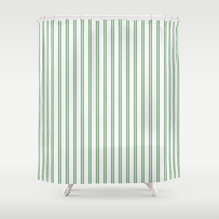 Fern Green and White Narrow Vertical Vintage Provincial French Chateau Ticking Stripe Shower Curtain Gallery Image 1